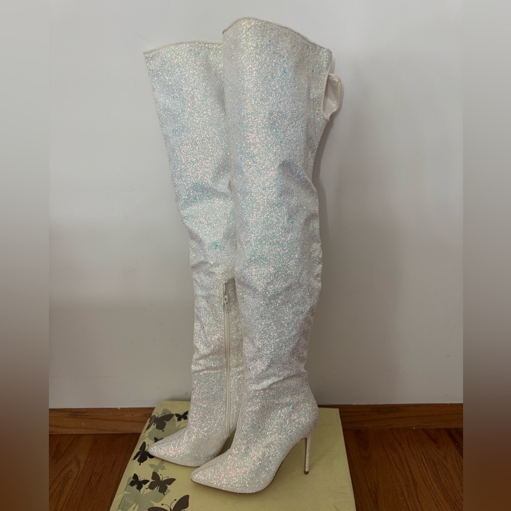 Pleaser White Sparkle Over-the-Knee Boots